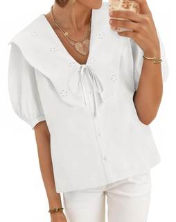 Cicy Bell Womens Peter Pan Collar Shirts Puff Sleeve Button Down Blouse | Eyelet…