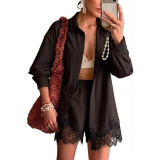 Women's 2 Piece Outfits Lace Trim Button Down Shirt and Shorts Set PJS Set Blouse Lounge…