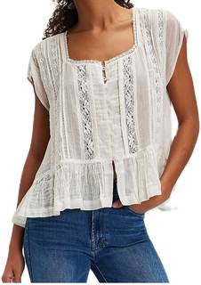 Womens Tie Front Ruffle Boho Top Flowy Sheer Lace Babydoll Blouse
