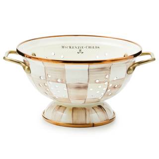 MACKENZIE-CHILDS Enamel Colander, Large, Brown-and-White Mocha Check | Hand-painted…