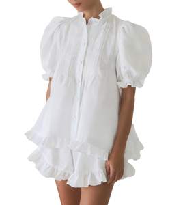 Women Ruffle 2 Piece Sets Fashion Puff Sleeve Button Down Shirts and Shorts Cotton…