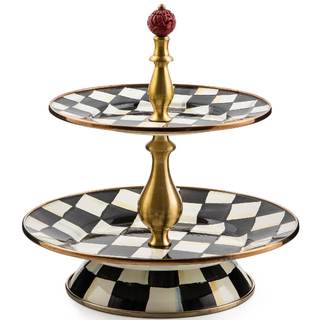 MACKENZIE-CHILDS Two-Tier Sweet Stand, Black-and-White Courtly Check | Hand-painted…