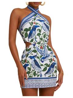 MakeMeChic Women's Boho Mini Dress Summer Beach Vacation Halter Dresses Floral Sundress…