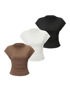 OYOANGLE Women's 3 Pack Business Casual Outfits Mock Neck Ribbed Tank Tops | Cap Sleeve…