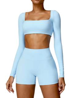 ABOCIW Workout Sets for Women 2 Piece Square Neck Long Sleeve Crop Tops High Waist Biker…