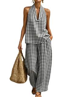 Women's 2 Piece Set Outfits Plaid Tank Tops High Waist Wide Leg Pants Gingham Matching…