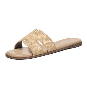 Rihero Women's Dressy Flat Sandals Comfortable Slip On Leather Slide Sandals 6.5 Raffia