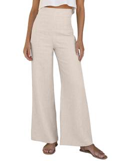 Linen Wide Leg Pants for Women High Waist Loose Beach Travel Trousers Large Khaki