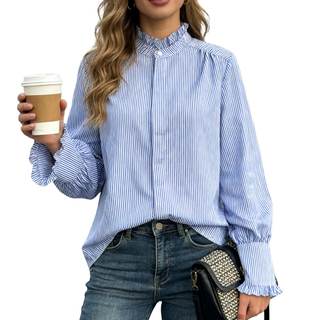 Womens Button up Shirts Classic Striped Blue Blouse Ruffle Collar Blouse Striped Long…