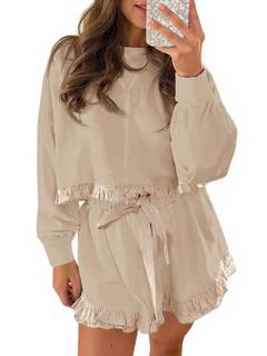 Fisoew Women's 2 Piece Lounge Sets Color Block Ruffle Cropped Sweatshirts Loose…