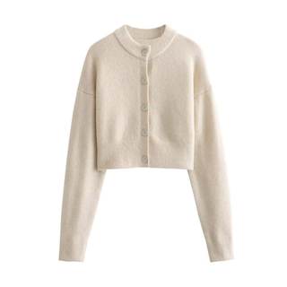 FindThy Women’s Cropped Cardigan Sweater Crewneck Solid Color Long Sleeve Button Down…