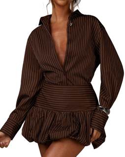 2 Piece Skirt Sets for Women Long Sleeve Button Down Stripe Tops and Mini Bubble Skrit…