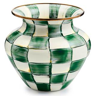 MACKENZIE-CHILDS Enamel Vase, Large, Green-and-White Emerald Check | Hand-painted design…
