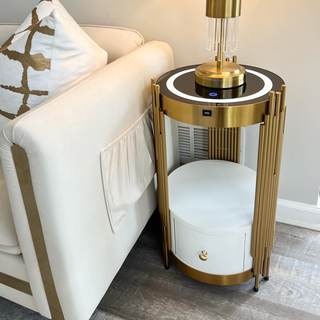 Gold Led Smart Round Nightstand with Drawer,Sofa Narrow End Table with Wireless Charging…