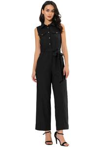 Allegra K Women's Wide Leg Jumpsuit 2026 Sleeveless Collared Tie Waist Coverall Button…