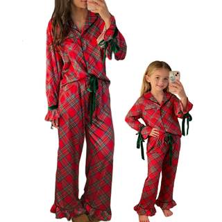 Muineobuka Mommy and Me Holiday Pajamas Set Bow Tie Plaid Striped Santa Xmas Christmas…