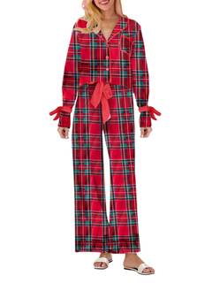 Christmas Pajamas for Women Bow Tie Long Sleeve Shirt Pants Satin Silk Xmas 2 Piece Pjs…