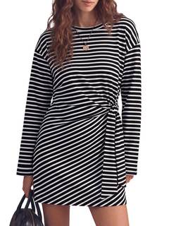 Fisoew Womens Striped T Shirt Dresses Casual Long Sleeve Wrap Waist Loose Active Mini…