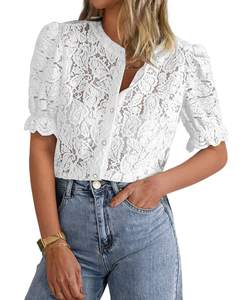 PRETTYGARDEN Womens Lace Tops Button Down Short Sleeve Shirts | Sheer Stretchy…