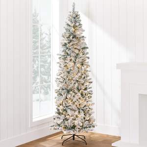 Best Choice Products Flocked Pencil Christmas Tree, Pre-Lit Slim Artificial Holiday…