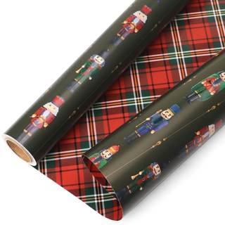 Ribbli Christmas Wrapping Paper Mini Roll Reversible Vintage Nutcracker and Tartan Plaid…