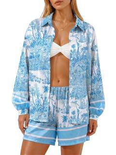 Jusfitsu Women's Satin Pajamas Oversized 2 Piece Long Sleeve and Shorts Set | Silk…
