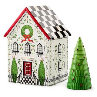MACKENZIE-CHILDS Illuminated Ceramic House, Holly Village | LED-light indoor Christmas…