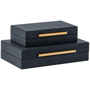 Set of 2 Black Shagreen Storage Boxes with Gold Metal Handles – Faux Leather Jewelry…