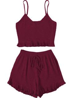 Avanova Women Sexy 2 Piece Pajama Set Ruffle Trim Cami Top and Shorts Sleepwear Set…