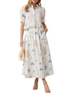 Tankaneo Womens 2 Piece Floral Cropped Tops Maxi Skirts Matching Sets | Short Puff Sleeve…