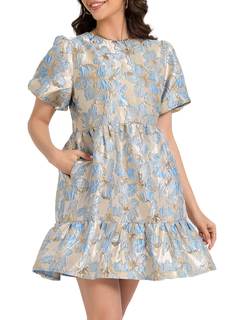 Ladyful Women's Short Puff Sleeve Jacquard Tiered Babydoll Party Mini Dress | shinny…
