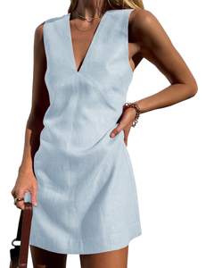 Megfie Womens Summer Cotton Linen V Neck Short Dress Sleeveless Mini Dress Casual A Line…