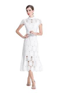 Women Floral Hollow Out Lace Midi Fishtail Dress Beach Office Party Casual Formal Gown…