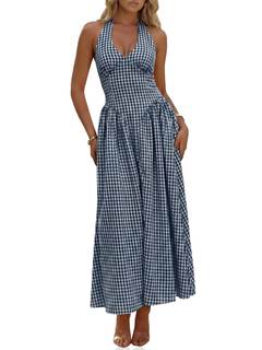 Wenrine Womens Halter V Neck Corset Maxi Dresses Summer Plaid Smocked Dress | Tie Back…
