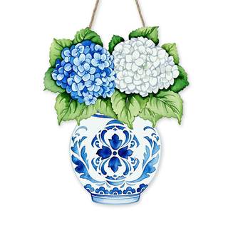 Hydrangea Flower Front Door Sign, Chinoiserie Floral Blue and White | Porcelain Vase Wood…