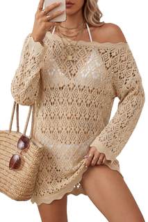 Arach&Cloz Women's 100% Cotton Oversized Swimsuit Cover Up Off Shoulder Boat Neck…