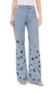 alice + olivia Women's Chic High Rise Embroidered Eyelet Jeans 24 Rockstar Blue