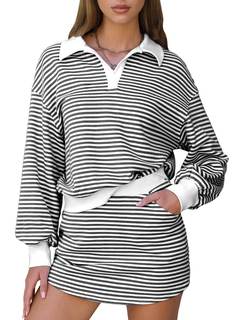 EXLURA Womens Two Piece Sets Cotton Striped Sweatshirt Matching Skirt Skort Tennis…