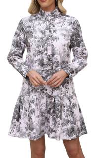 EZAPINE Women Floral Mini Dress Long Sleeve Stand Collar Button Up Elegant Work Swing…