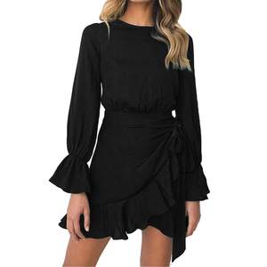 Womens Long Sleeve Round Neck Ruffles Wrap Dresses Party Dress