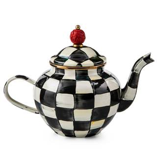 MACKENZIE-CHILDS Enamel Teapot, 4 Cups, Black-and-White Courtly Check | Hand-painted…
