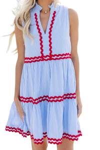 Kuraki Women's Cute Sleeveless RIC Rac Trim Tiered Striped Dress