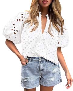 PRETTYGARDEN Womens Tops Boho Eyelet Puff Sleeve Blouse | Hollow Out Embroideried Cotton…
