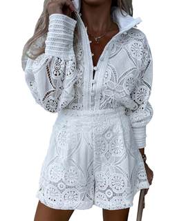 SOMTHRON Womens Eyelet Lace Two Piece Outfits Blouse Tops Shorts Set | Floral Embroidery…