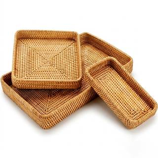 Rattan Serving Tray Set of 3, Rectangular Woven Tray, Natural Wicker Decorative Serving…