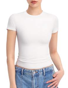 PUMIEY Women's Crew Neck Short Sleeve Tops Double Lined Slim Fit T Shirts Basic Tee Smoke…