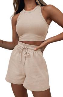 Lingswallow 2 Piece Women Lounge Sets - Sleeveless Crop Top and Shorts Waffle Lounge Set…
