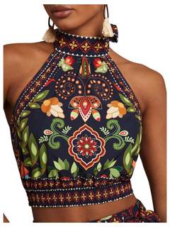 SweatyRocks Women's Boho Summer Halter Crop Tops Sleeveless Shirred Tie Backless Tank Top