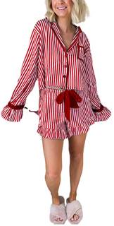 Thopavenoir Women 2 Piece Stripe Pajamas Sets Bow Tie Lounge Set Button Down Long Sleeve…