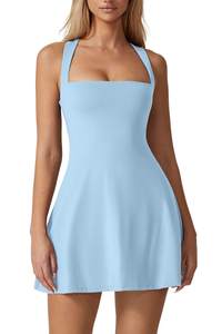 QINSEN Womens Square Neck Tennis Dress Sleeveless Built in Shorts Golf Athletic Dress…